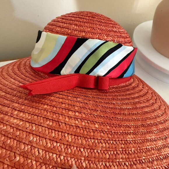Wide Brim Straw Sun Hat With Anne Klein Multicolor Patterned Silk Scarf Accent - Picture 8 of 12